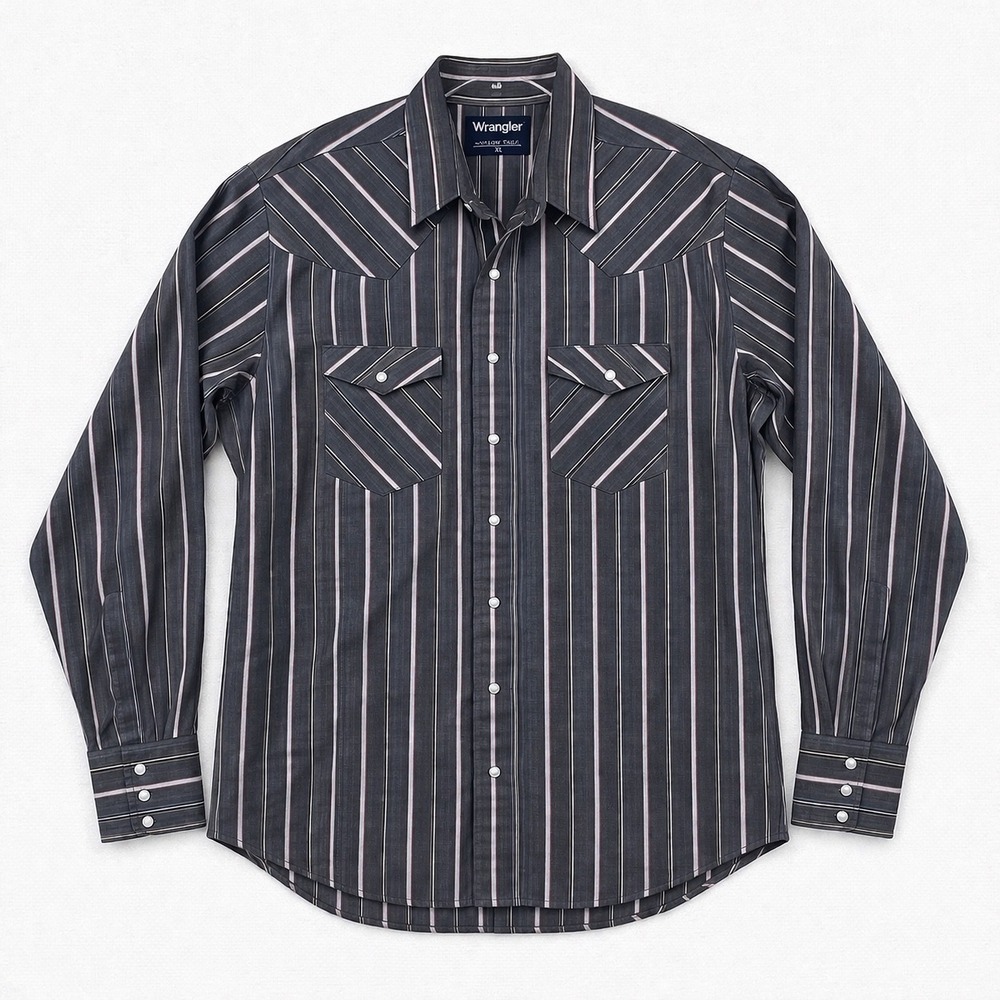 Wrangler Western Snap Down Shirt Mens XXL Charcoal Gray Striped X-Long Tails